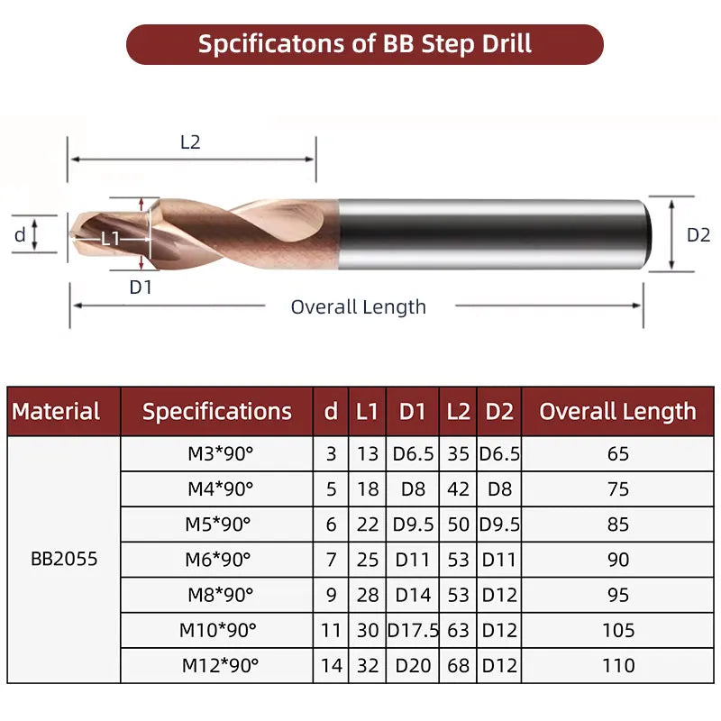 BB Step Drill 90 Degree for Steel CNC Precision Solid Carbide Drilling Tools Coated Screw Hole BB2055