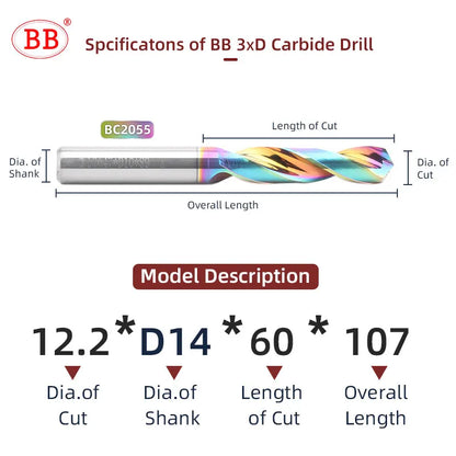 BB Internal Cooling Carbide Drill 3xD Diameter DLC CNC High Feed Machining for Aluminum Copper BC2055