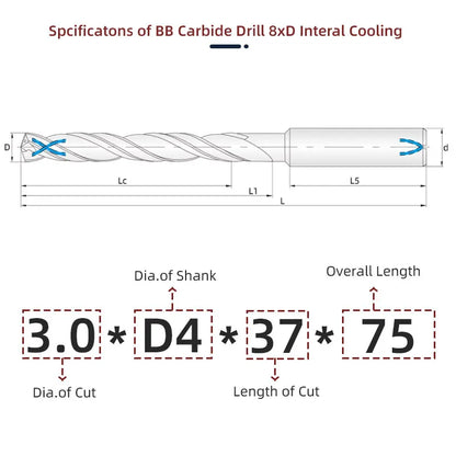 BB Carbide Drill 8xD CNC Long Deep Hole Machining Coated Flute Internal Coolant for Steel Metal Tool Diameter 3-16mm