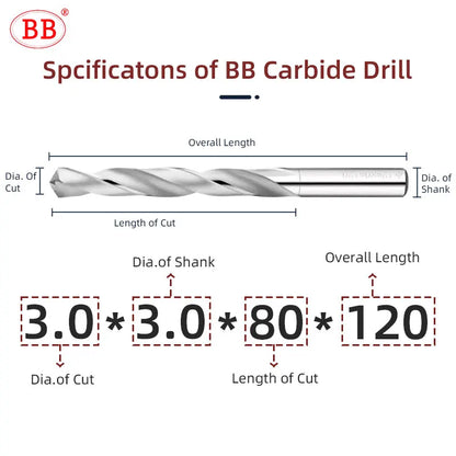 Perceuse à carbure de 100 mm de longueur BB pour la fabrication de trous pour l'aluminium, le bois et le plastique (6,75 à 11,5 mm) 