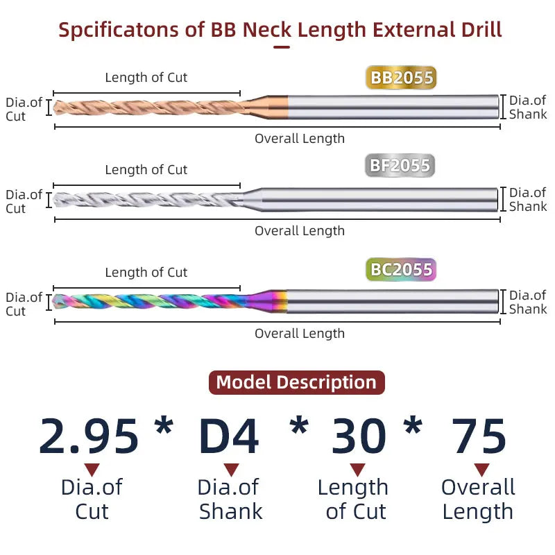 BB Micro Drill Bits – Long Flute | OAL 50–75mm | Shank Ø4mm | Ø1.0–2.95mm | Carbide