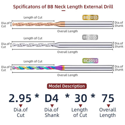 BB Micro Drill Bits – Long Flute | OAL 50–75mm | Shank Ø4mm | Ø1.0–2.95mm | Carbide
