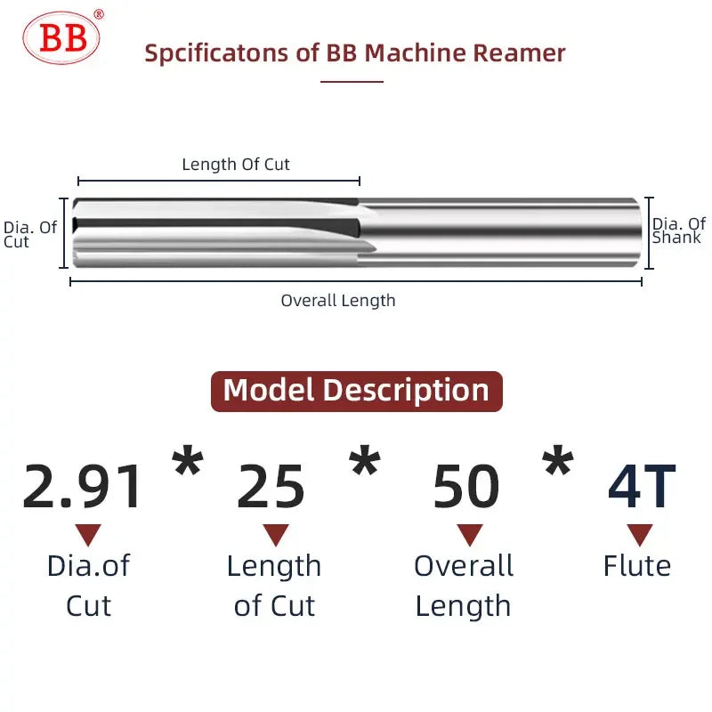 BB Machine Reamer 2.91mm~7.42mm Straight Flute Solid Carbide Uncoated Tolerance Chucking Metal Cutter CNC for Aluminum
