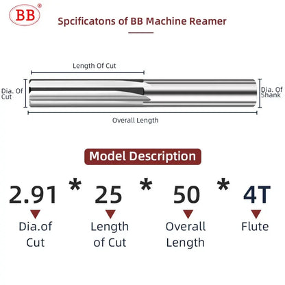 BB Machine Reamer 2.91mm~7.42mm Straight Flute Solid Carbide Uncoated Tolerance Chucking Metal Cutter CNC for Aluminum