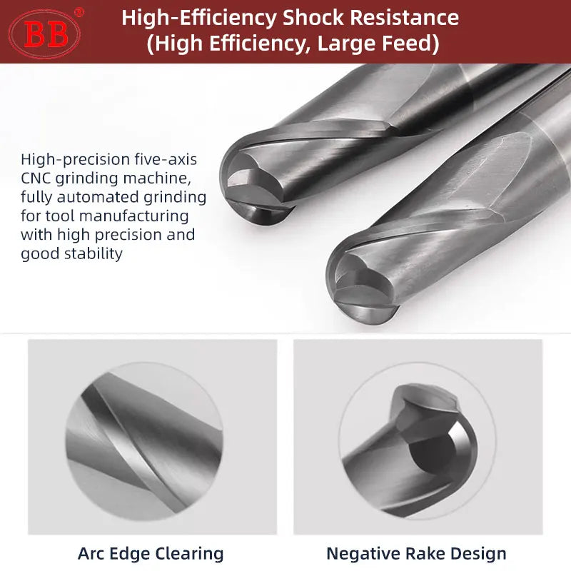 BB Ball Nose End Mill – DLC Coated Solid Carbide | R0.5–R6 | Aluminum Copper Stainless Steel | CNC Machining