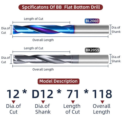 BB Flat Bottom Drill Bit Long Length 2mm-12mm Carbide Hole Drilling Tool BK2055 BL2060
