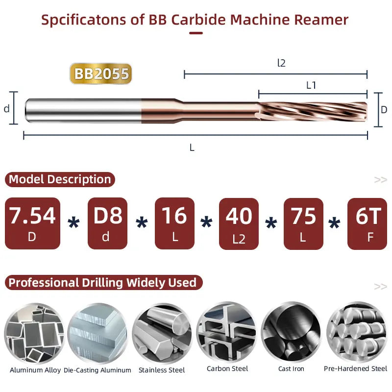 BB Reamer 7.54-9.26mm Carbide Spiral Flute Pro External Cooling Coated CNC Machine for Metal Steel BB2055