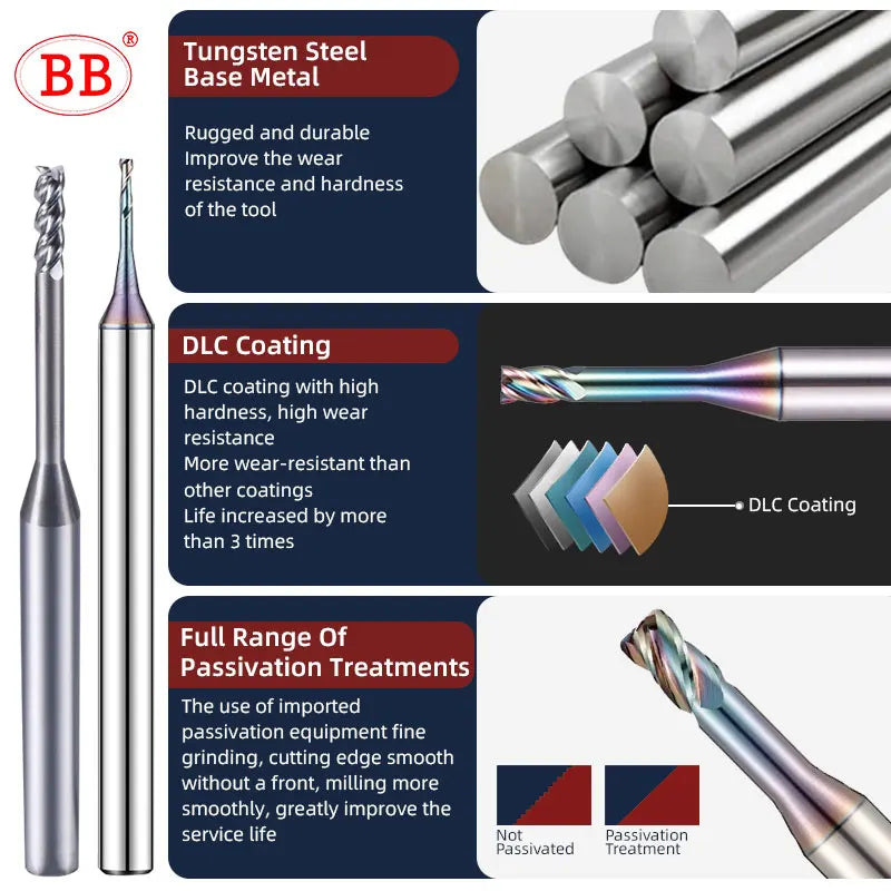 BB Micro End Mill Long Neck 0.1mm~3mm for Aluminum Alloy Copper Electrode Plastic Nonmetal CNC Machining Solid Carbide Cutter