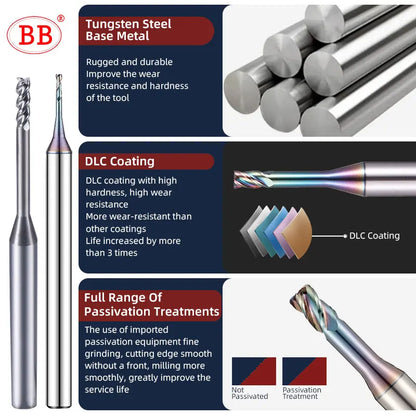 BB Micro End Mill Long Neck 0.1mm~3mm for Aluminum Alloy Copper Electrode Plastic Nonmetal CNC Machining Solid Carbide Cutter