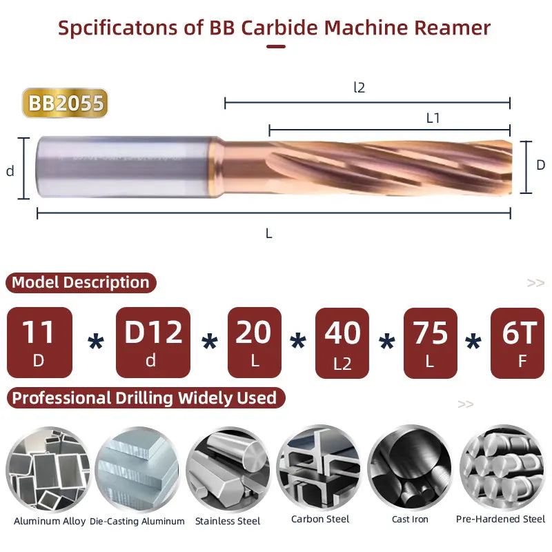 BB Reamer 11-12.1mm Carbide Spiral Flute Pro External Cooling Coated CNC Machine for Metal Steel BB2055
