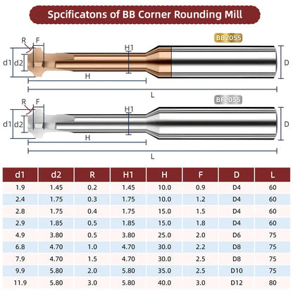 BB Corner Rounding Cutter UP DOWN Cutting Tool Carbide Coated Aluminum Steel R0.2-R3