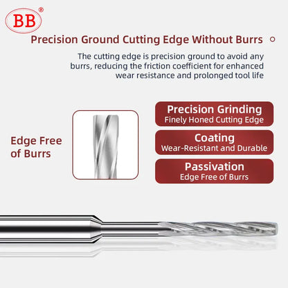 BB Machine Reamer 0.5mm-2.22mm Micro Carbide Spiral Flute Bright PRO CNC External Cooling D4 for Aluminum Small Hole Making