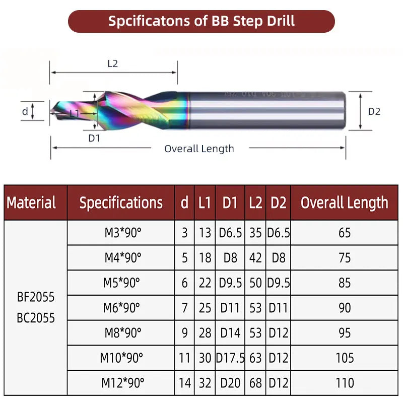 BB Step Drill 90 Degree 180 CNC Precision Solid Carbide Drilling Tools DLC Coated Screw Hole