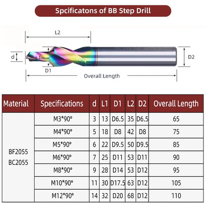 BB Step Drill 90 Degree 180 CNC Precision Solid Carbide Drilling Tools DLC Coated Screw Hole