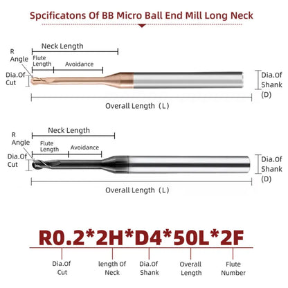 BB Micro Ball End Mill Long Neck Carbide CNC Small Mini Rib Deep Machining Cutter R0.1-R1.5 Tool for Steel Metal