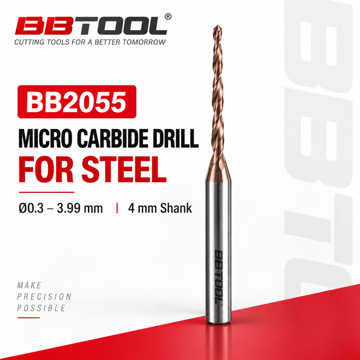 BB2055 micro carbide drill for steel, 0.3-3.99mm, 4mm shank