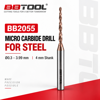 BB2055 micro carbide drill for steel, 0.3-3.99mm, 4mm shank